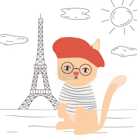 Téléchargez les illustrations : Mignon dessin à la main personnage de dessin animé français parisien chat vecteur illustration avec tour eiffel sur fond - en licence libre de droit