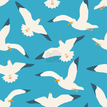 Illustration for Cute hand drawn cartoon seagulls flying in the blue sky seamless vector pattern background illustration - Royalty Free Image