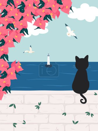 cute hand drawn cartoon sunny day vertical scene with black cat watching the sea summertime traditional mediterranean landscape vector illustration