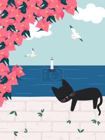 cute hand drawn cartoon sunny day vertical scene with black cat sleeping, sea in summertime traditional mediterranean landscape vector illustration
