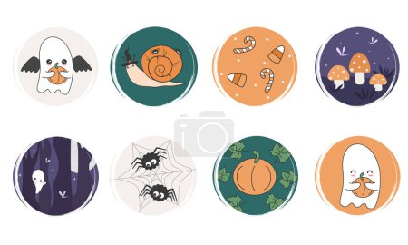 Vector set of logo design templates, icons and badges for social media highlights with cute hand drawn halloween season elements