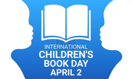 Téléchargez les photos : Journée internationale du livre pour enfants. Le 2 avril. Illustration 3D d'un fond bleu clair avec une silhouette blanche de deux enfants et un livre. - en image libre de droit