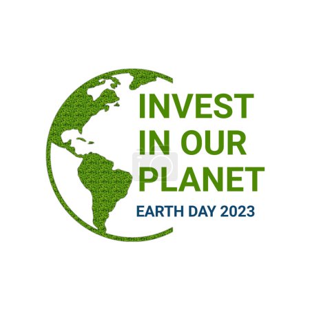 Invest in our planet. Earth day 2023 illustration concept background. Ecology concept. Design with globe map drawing and green grass isolated on white background.