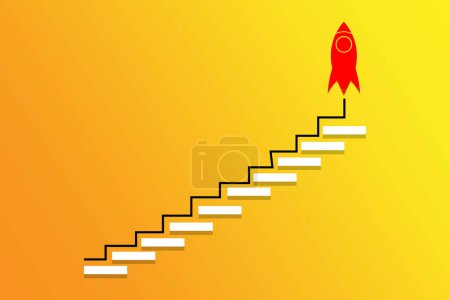 Ilustración de Cohete subiendo las escaleras hacia el éxito. Concepto de negocio. Ilustración vectorial - Imagen libre de derechos