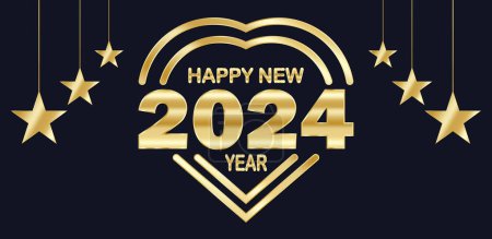 Illustration for Happy New Year 2024. Greeting card, banner, poster with golden stars. Vector illustration. - Royalty Free Image