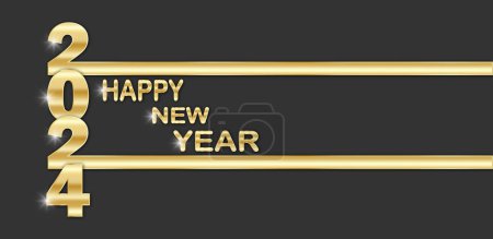 Happy New Year 2024 greeting card in gold color. Vector illustration.