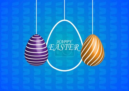 Tarjeta de Pascua feliz con huevos colgando sobre fondo azul. Saludos y regalos para el día de Pascua.Promoción y plantilla de compras para Semana Santa. ilustración vectorial