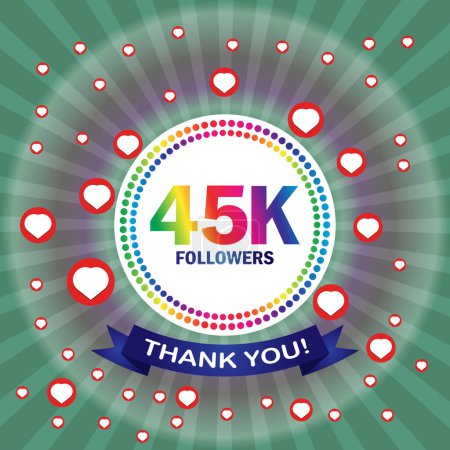 45k followers thank you card with hearts and ribbon. Vector illustration. Suitable for social sites post, greeting card