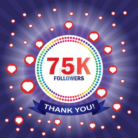 75k followers thank you card with hearts and ribbon. Vector illustration. Suitable for social sites post, greeting card
