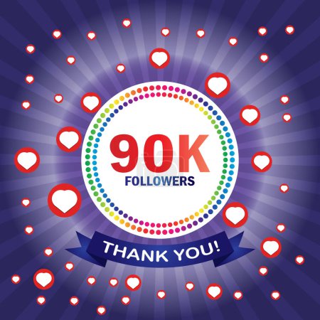 90k followers thank you card with hearts and ribbon. Vector illustration. Suitable for social sites post, greeting card