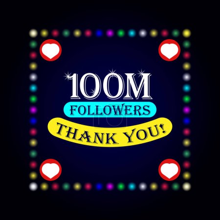 100M seguidores gracias tarjeta de felicitación con luces de colores sobre fondo oscuro. Diseño colorido para redes sociales, plantilla de fondo de publicación de redes sociales.