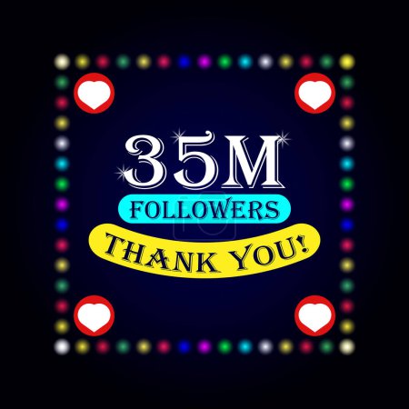 35M followers thank you greeting card with colorful lights on dark background. Colorful design for social network, social media post background template.