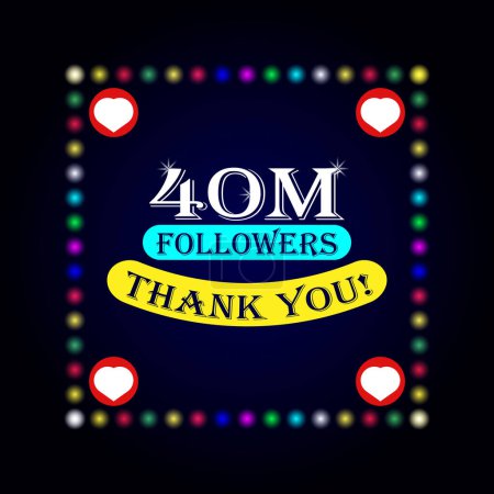 40M Anhänger bedanken sich mit einer Grußkarte mit bunten Lichtern auf dunklem Hintergrund. Buntes Design für soziales Netzwerk, soziale Medien posten Hintergrundvorlage.