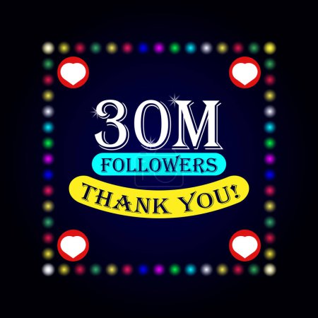 30M followers thank you greeting card with colorful lights on dark background. Colorful design for social network, social media post background template.