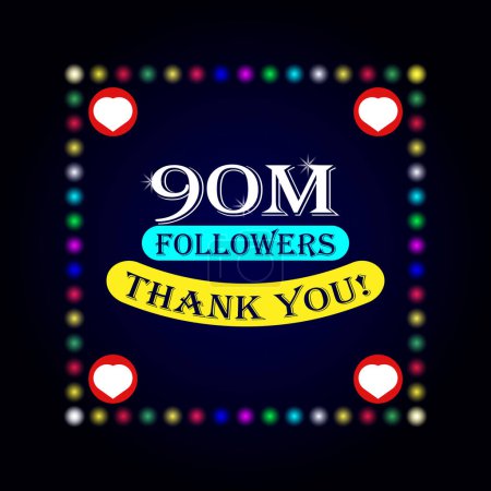 90M Anhänger bedanken sich mit einer Grußkarte mit bunten Lichtern auf dunklem Hintergrund. Buntes Design für soziales Netzwerk, soziale Medien posten Hintergrundvorlage.