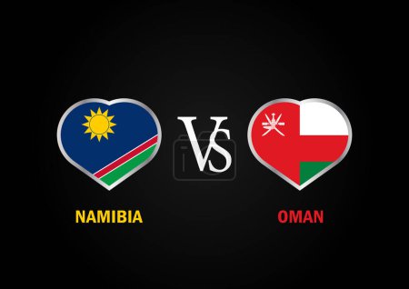 Namibia VS Oman, Cricket Match Konzept mit kreativer Illustration der Flagge der Teilnehmerländer Batsman und Hearts isoliert auf schwarzem Hintergrund. NAMIBIA VS OMAN