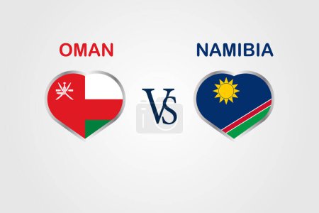 Omán VS Namibia, Cricket Match concepto con ilustración creativa de los países participantes bandera Batsman y corazones aislados sobre fondo blanco. OMÁN VS NAMIBIA