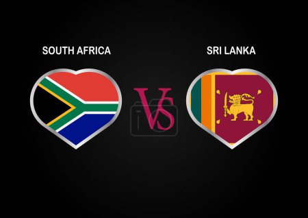 Südafrika gegen Sri Lanka, Cricket-Match-Konzept mit kreativer Illustration der Flagge der Teilnehmerländer Batsman und Hearts isoliert auf schwarzem Hintergrund. SÜDAFRIKA VS SRI LANKA