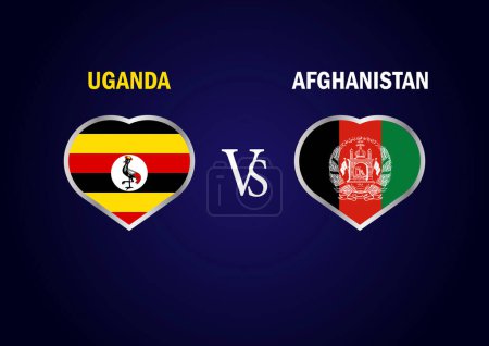 Uganda VS Afghanistan, Cricket Match Konzept mit kreativer Illustration der Flagge der Teilnehmerländer Batsman und Hearts isoliert auf blauem Hintergrund. Uganda gegen Afghanistan
