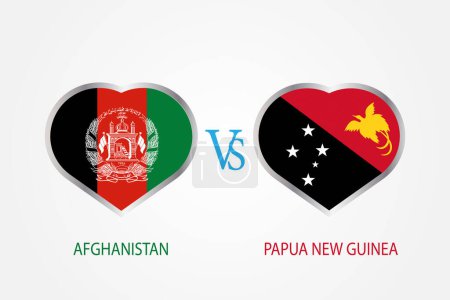 Afghanistan Vs Papua Neuguinea, Cricket Match Konzept mit kreativer Illustration der Teilnehmerländer Flagge Batsman und Herzen isoliert auf weißem Hintergrund.