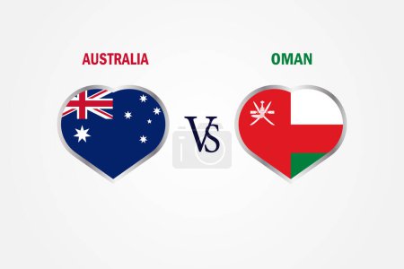 Ilustración de Australia vs Omán, concepto Cricket Match con ilustración creativa de los países participantes Bandera Batsman and Hearts aislado sobre fondo blanco - Imagen libre de derechos