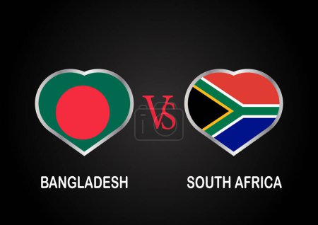 Bangladesh Vs South Africa, Cricket Match concept with creative illustration of participant countries flag Batsman and Hearts isolated on black background