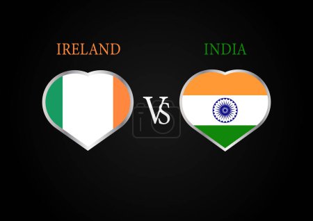 Ilustración de Irlanda vs India, concepto Cricket Match con ilustración creativa de los países participantes Bandera Batsman and Hearts aislado sobre fondo negro - Imagen libre de derechos
