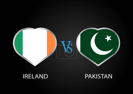 Irland gegen Pakistan, Cricket-Match-Konzept mit kreativer Illustration der Flagge der Teilnehmerländer Batsman und Hearts isoliert auf schwarzem Hintergrund