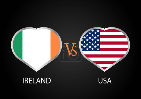 Irland gegen USA, Cricket-Match-Konzept mit kreativer Illustration der Teilnehmerländer Flagge Batsman und Herzen isoliert auf schwarzem Hintergrund