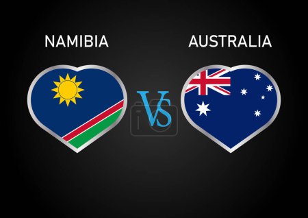 Namibie Us Australia, concept de match de cricket avec illustration créative du drapeau des pays participants Batsman et Hearts isolés sur fond noir