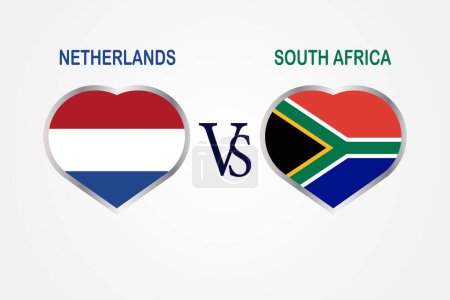 Niederlande gegen Südafrika, Cricket-Match-Konzept mit kreativer Illustration der Teilnehmerländer Flagge Batsman und Herzen isoliert auf weißem Hintergrund
