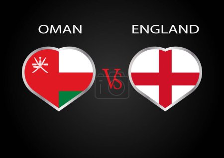 Oman gegen England, Cricket Match Konzept mit kreativer Illustration der Flagge der Teilnehmerländer Batsman und Hearts isoliert auf schwarzem Hintergrund