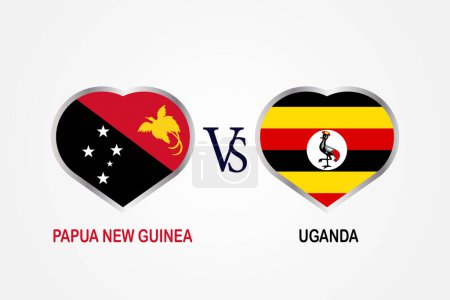 Papua Neuguinea Vs Uganda, Cricket Match Konzept mit kreativer Illustration der Teilnehmerländer Flagge Batsman und Herzen isoliert auf weißem Hintergrund