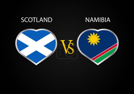 Schottland gegen Namibia, Cricket-Match-Konzept mit kreativer Illustration der Flagge der Teilnehmerländer Batsman und Hearts isoliert auf schwarzem Hintergrund