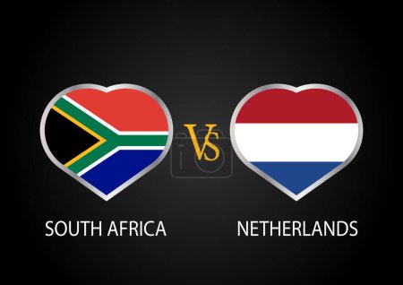 Südafrika gegen Niederlande, Cricket-Match-Konzept mit kreativer Illustration der Teilnehmerländer Flagge Batsman und Herzen isoliert auf schwarzem Hintergrund