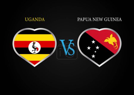 Ilustración de Uganda vs Papua Nueva Guinea, concepto Cricket Match con ilustración creativa de los países participantes Bandera Batsman and Hearts aislado sobre fondo negro - Imagen libre de derechos