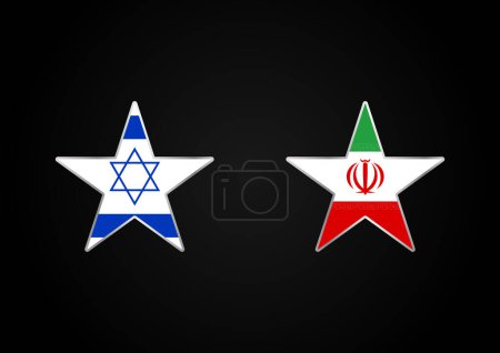 Guerra entre Israel e Irán. Israel vs Irán estrellas banderas concepto sobre fondo negro. Irán e Israel conflicto político, economía, crisis de guerra, relación, concepto comercial. Judíos vs musulmanes guerra.