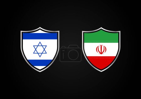 Illustration for Israel vs Iran war. Israel vs Iran shield concept flags on black background. Iran and Israel political conflict, economy, war crisis, relationship, trade concept. Jews vs Muslims war. - Royalty Free Image