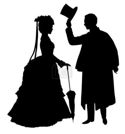 Romantic situation of young standing couple in victorian dress in which the man takes off his top hat in front of the woman.