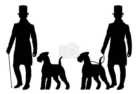 Ilustración de Conjunto vectorial de dos siluetas de hombre joven en vestido victoriano paseando con perro galés Terrier con correa. - Imagen libre de derechos