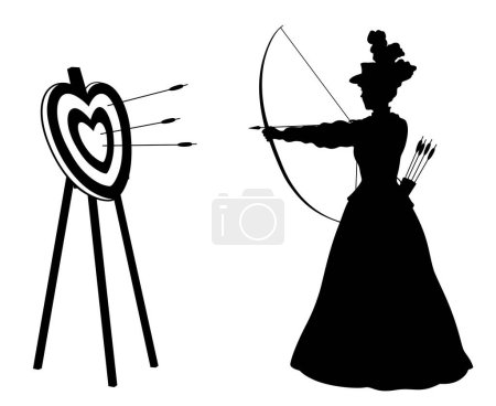 Conceptual illustration depicting silhouette of young female archer in victorian dress shooting at heart shaped target