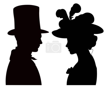 Silhouette Profil Porträt der viktorianischen Frau und Mann einander gegenüber. Junges Paar Auge in Auge in historischer Kleidung. 