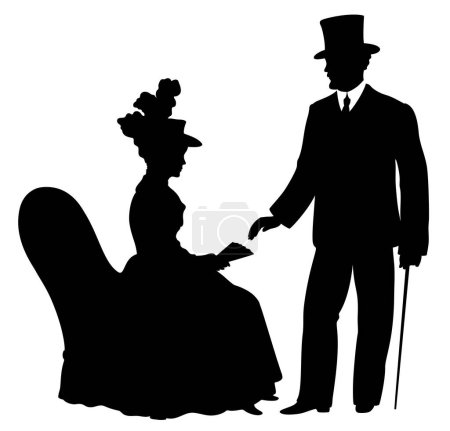Ilustración de Ilustración romántica de una joven pareja victoriana formada por una mujer sentada en un sillón, con abanico y un hombre con sombrero de copa y bastón. - Imagen libre de derechos