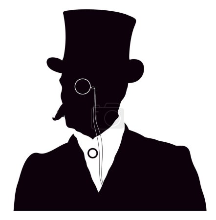 Vintage sihouette portrait de jeune homme élégant portant robe victorienne avec chapeau haut de forme et monocle. 