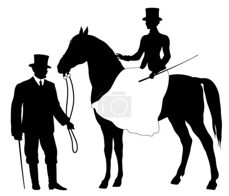 Ilustración de Romántica silueta vintage de joven pareja victoriana con hombre de pie y mujer a caballo. - Imagen libre de derechos