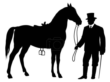 Ilustración de Silueta vintage de jinete victoriano joven en ropa histórica con caballo de pie. - Imagen libre de derechos