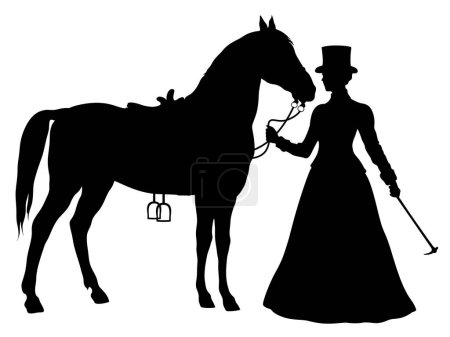 Ilustración de Silueta de estilo retro de jinete elegante joven en vestido victoriano con caballo de pie. - Imagen libre de derechos