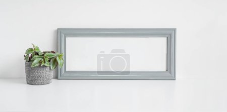 Gray mock up photo frame and home plant Tradescantia zebrina on a white background, banner