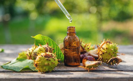 Photo for Horse chestnut extract in a bottle. selective focus. nature. - Royalty Free Image