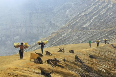 Téléchargez les photos : Banyuwangi, Indonésie, 27 mai 2015. Mineurs de soufre du cratère d'Ijen transportant des produits miniers soufrés d'un poids moyen de 90 kilogrammes. - en image libre de droit